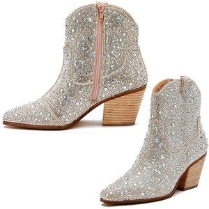 NWT Sparkling Bling Swarovski Crystal SILVER Women Ankle High Cowboy Boo…